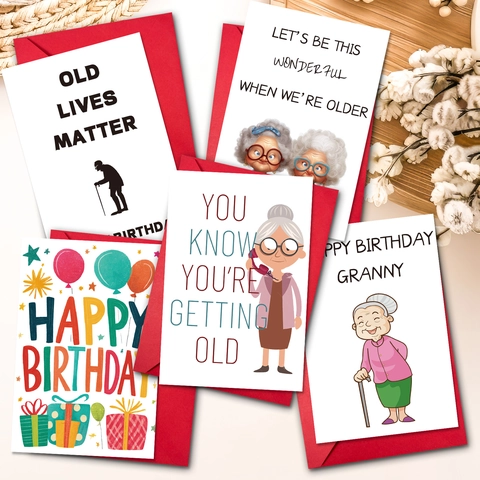 Cartes de Vœux d'Anniversaire Humoristiques Pour Personnes Âgées Avec Enveloppes Rouges Old Lives Matter Dessin Animé Mamie