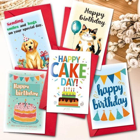 Cartoon Katze Hund Kuchen Muster Geburtstag Grußkarten Set Mit Roten Umschlägen Warme Aquarell Segenskarten Für Party Feier
