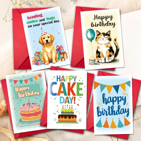 Cartoon Katze Hund Kuchen Muster Geburtstag Grußkarten Set Mit Roten Umschlägen Warme Aquarell Segenskarten Für Party Feier