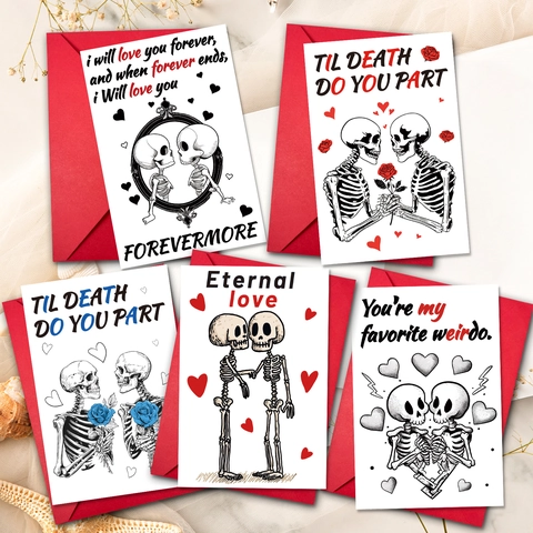 Biglietti di Auguri di San Valentino con Scheletro Gotico e Buste Illustrazione Romantica Coppia Teschio Regalo Anniversario