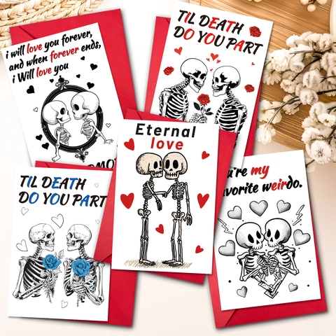 Biglietti di Auguri di San Valentino con Scheletro Gotico e Buste Illustrazione Romantica Coppia Teschio Regalo Anniversario