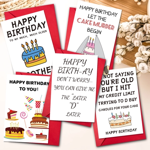 Humorous Birthday Greeting Cards And Red Envelopes Hand Drawn Cake Candle Illustrative Funny Coated Paper Greeting Cards