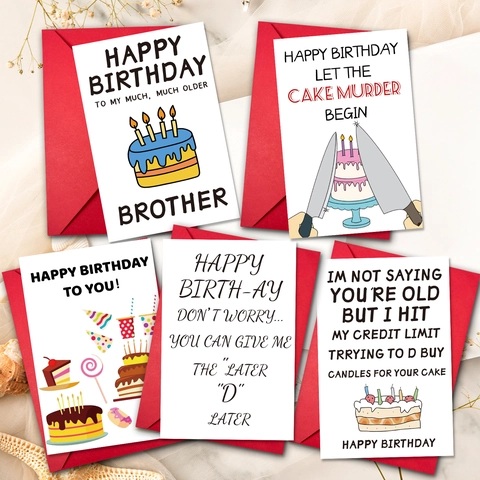 Humorous Birthday Greeting Cards And Red Envelopes Hand Drawn Cake Candle Illustrative Funny Coated Paper Greeting Cards