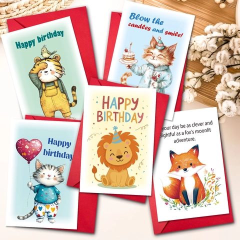 Assorted Cartoon Animal Birthday Cards Art Paper Folding Greeting Cards With Red Envelopes For Kids Birthday Party Gift