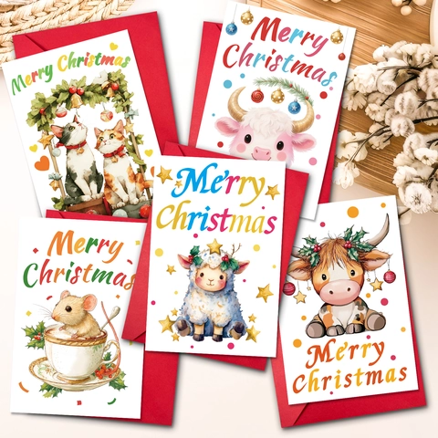 Biglietti di Auguri di Natale Con Buste Cartone Animato Gatto Mucca Topo Pecora Biglietti di Buon Natale per Regali di Natale