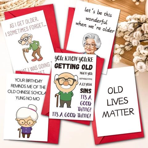 Cartes de Vœux Humoristiques pour Seniors Avec Enveloppes Rouges Illustration de Dessin Animé pour Personnes Âgées Cartes de Message pour Cadeau