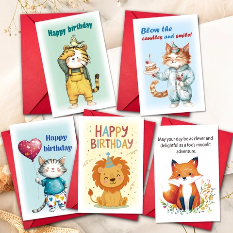 Assorted Cartoon Animal Birthday Cards Art Paper Folding Greeting Cards With Red Envelopes For Kids Birthday Party Gift