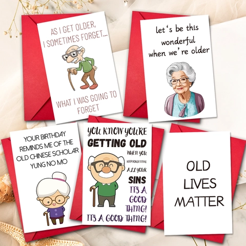 Cartes de Vœux Humoristiques pour Seniors Avec Enveloppes Rouges Illustration de Dessin Animé pour Personnes Âgées Cartes de Message pour Cadeau