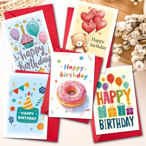 Watercolor Cartoon Bear Cake Birthday Greeting Cards And Red Envelopes For Kids Party Celebration Gift Hand Painted Cards