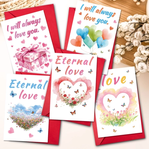 Watercolor Heart Valentine's Day Greeting Cards And Red Envelopes Romantic Love Gift Cards For Wedding Anniversary Couple