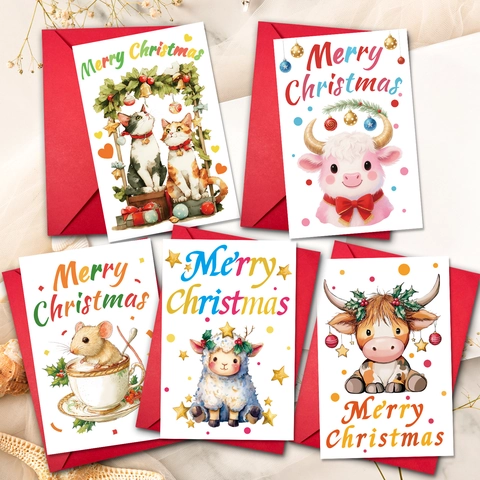 Biglietti di Auguri di Natale Con Buste Cartone Animato Gatto Mucca Topo Pecora Biglietti di Buon Natale per Regali di Natale