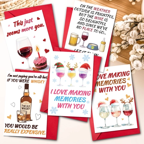 Funny Creative Greeting Card With Red Envelope Alcohol Theme Whiskey Beer Wine Illustrations Foldable Holiday Invitation Card For Friends