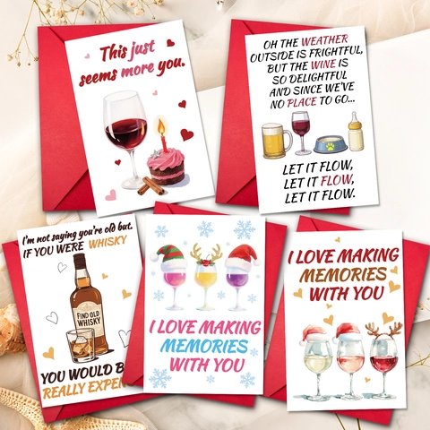 Funny Creative Greeting Card With Red Envelope Alcohol Theme Whiskey Beer Wine Illustrations Foldable Holiday Invitation Card For Friends