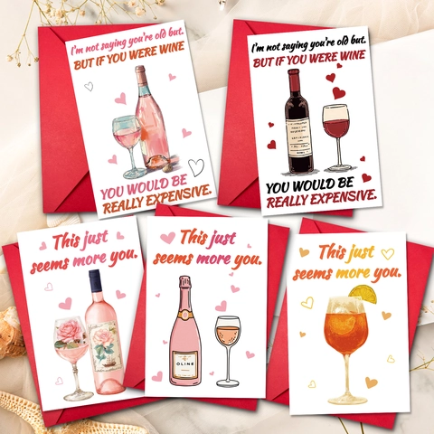 Tarjetas de Felicitación Humorísticas con Motivo de Vino y Sobres Rojos Juego Papel Ilustración Corazón Regalo Cumpleaños San Valentín