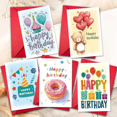 Watercolor Cartoon Bear Cake Birthday Greeting Cards And Red Envelopes For Kids Party Celebration Gift Hand Painted Cards