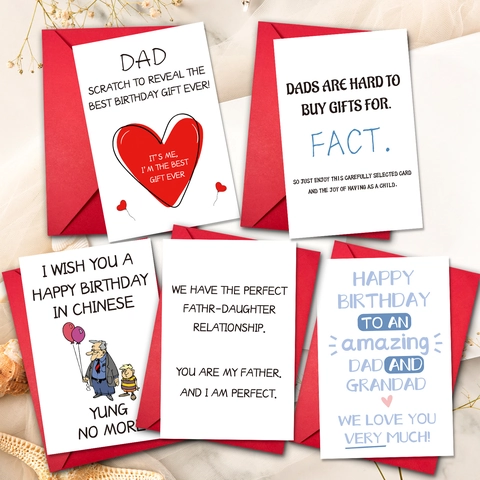 Humoristische Vaderdag Verjaardag Wenskaarten Met Rode Enveloppen Grappige Cadeaubonnen Voor Papa Opa Illustratiestijl Waarderingskaartencollectie