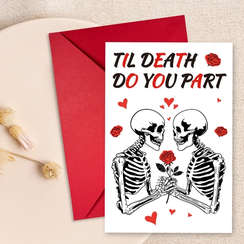 Colección de Tarjetas de Felicitación de San Valentín Gótico Esqueleto Con Sobres Rojos Papel Estucado Patrón Rosa Corazón