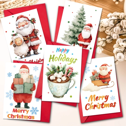 Cartes de Vœux de Noël Et Enveloppes Rouges Illustration du Père Noël à l'Aquarelle pour Fête de Joyeuses Fêtes