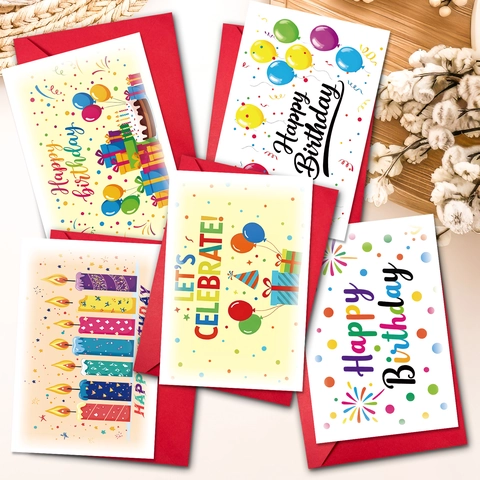 Cartoon Birthday Greeting Cards Set With Red Envelopes Balloons Cake Patterns DIY Invitation Cards For Party Celebration