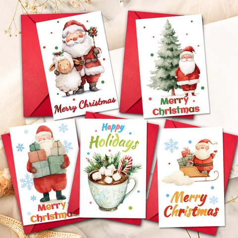 Cartes de Vœux de Noël Et Enveloppes Rouges Illustration du Père Noël à l'Aquarelle pour Fête de Joyeuses Fêtes