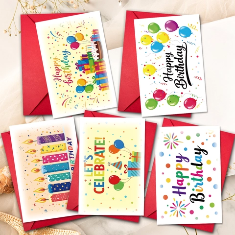 Cartoon Birthday Greeting Cards Set With Red Envelopes Balloons Cake Patterns DIY Invitation Cards For Party Celebration