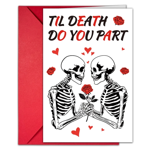 Colección de Tarjetas de Felicitación de San Valentín Gótico Esqueleto Con Sobres Rojos Papel Estucado Patrón Rosa Corazón