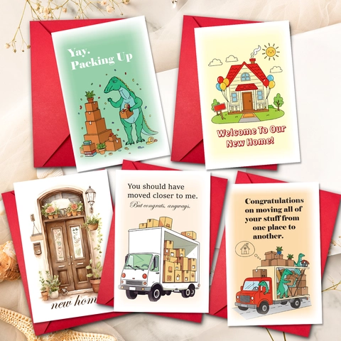 New Home Housewarming Greeting Cards And Red Envelopes Cartoon Dinosaur House Truck Illustration Message Greeting Cards