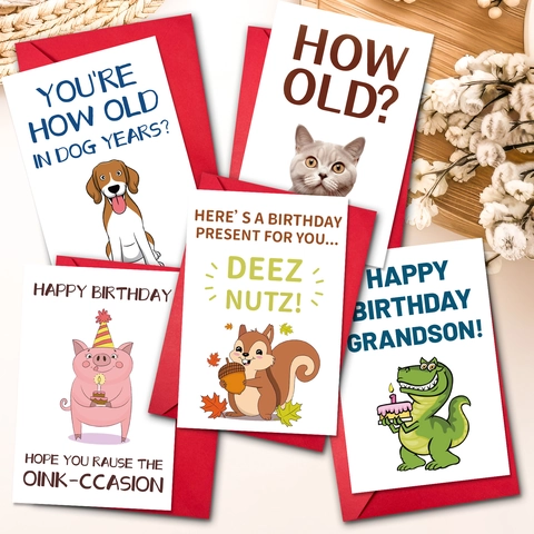 Tarjeta de Felicitación de Cumpleaños de Animales Humorística Con Sobres Rojos Gato Perro Dinosaurio Cerdo Ardilla Papel