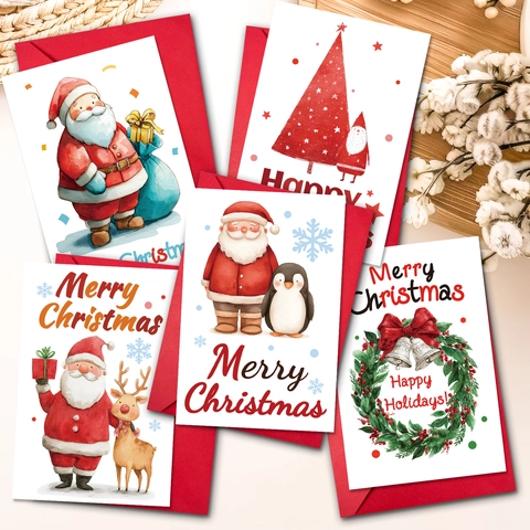 Christmas Greeting Cards With Red Envelopes Watercolor Santa Reindeer Christmas Tree Wreath Pattern Holiday Blessing Cards