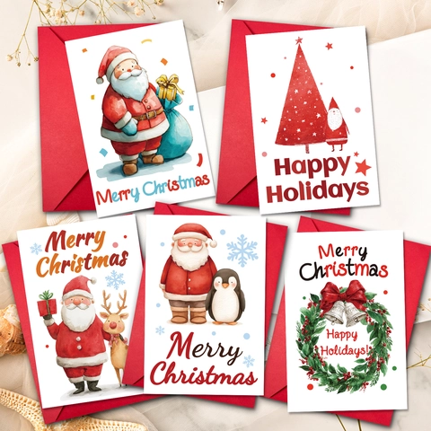 Christmas Greeting Cards With Red Envelopes Watercolor Santa Reindeer Christmas Tree Wreath Pattern Holiday Blessing Cards