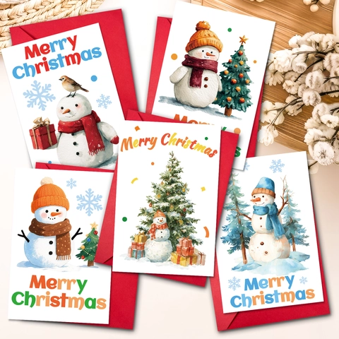 Christmas Greeting Card Set With Red Envelopes Watercolor Snowman Christmas Tree Cartoon Pattern Holiday Blessing Cards