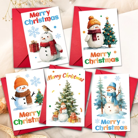 Christmas Greeting Card Set With Red Envelopes Watercolor Snowman Christmas Tree Cartoon Pattern Holiday Blessing Cards