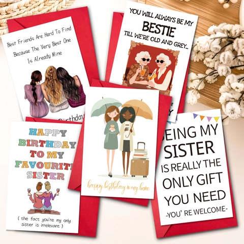 Humorous Birthday Greeting Card Set With Red Envelopes Bestie Sister Friend Friendship Funny Illustration Gift Card