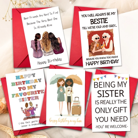 Humorous Birthday Greeting Card Set With Red Envelopes Bestie Sister Friend Friendship Funny Illustration Gift Card