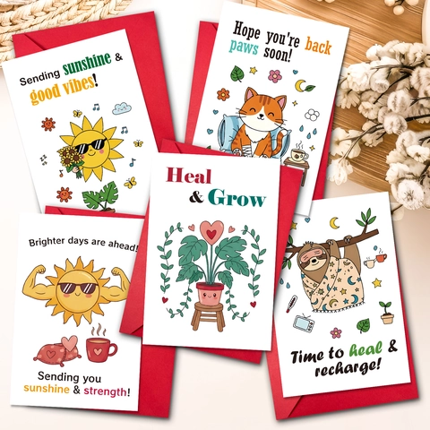 Cartoon Cat Sloth Sun Healing Greeting Cards And Red Envelopes Warm Get Well Soon Motivational Recovery Postcards For Friends Family