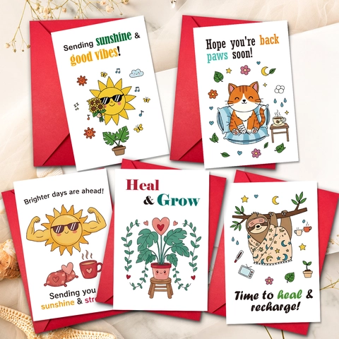 Cartoon Cat Sloth Sun Healing Greeting Cards And Red Envelopes Warm Get Well Soon Motivational Recovery Postcards For Friends Family