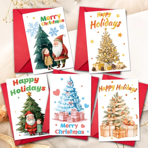 Christmas Greeting Cards With Red Envelopes Watercolor Santa Claus Christmas Tree Art Paper Holiday Gift Cards For Xmas Blessing