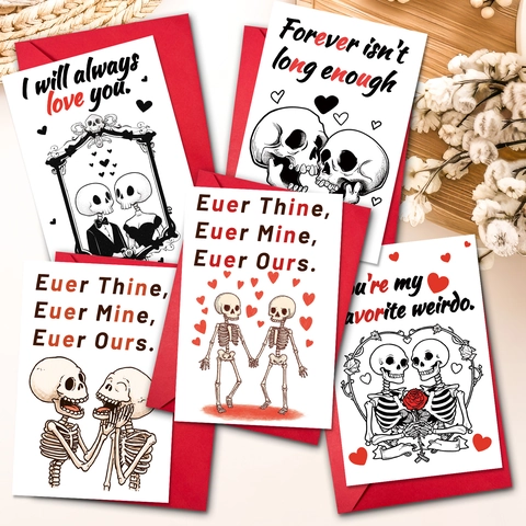 Tarjetas de Felicitación de San Valentín de Calavera Gótica Con Sobres Rojos Carta de Amor de Esqueleto Romántico Para Parejas