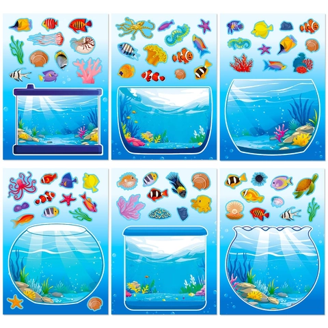 6 Blätter DIY Ozeanwelt Meereslebewesen Aufkleber Für Kinder Cartoon Aquarium Szene Collage Pädagogische Schreibwaren Dekoration Aufkleber
