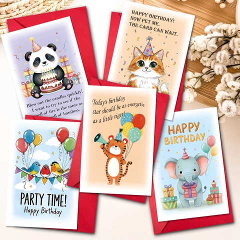 Funny Cartoon Animal Happy Birthday Greeting Cards With Red Envelopes Cute Panda Cat Tiger Elephant Folding Greeting Cards