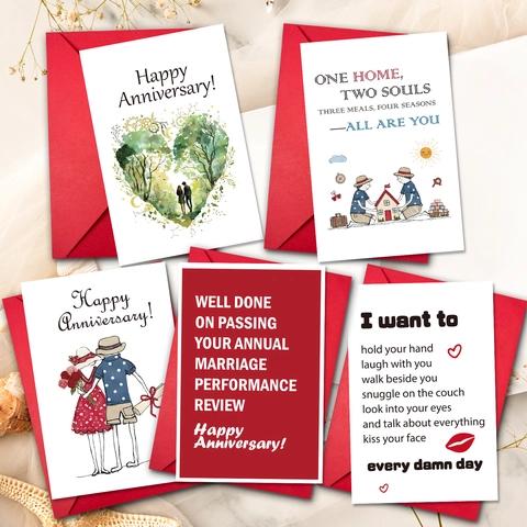 Anniversary Greeting Card Set With Red Envelopes Watercolor Heart Couple Silhouette Romantic Marriage Celebration Love Note Cards Folded Stationery Gift