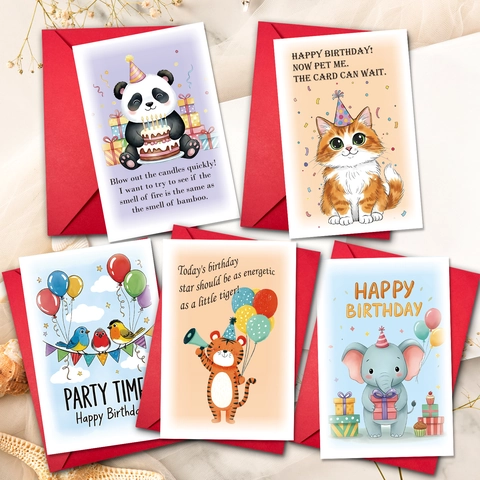 Funny Cartoon Animal Happy Birthday Greeting Cards With Red Envelopes Cute Panda Cat Tiger Elephant Folding Greeting Cards