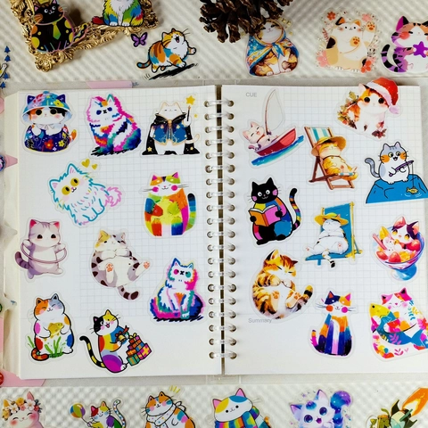 Schattige Cartoon Kat Stickers Transparant PET Waterdicht Esthetische Kat Decals Voor Waterflessen Laptop Gitaar DIY Scrapbooking Journal Decoratie