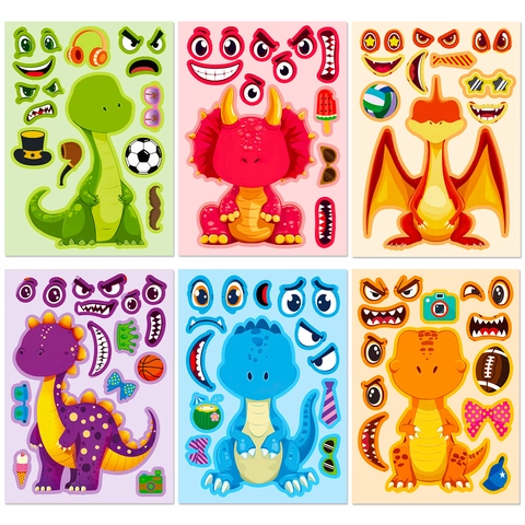 6 Sheets Dinosaur DIY Make A Face Stickers For Kids Creative Cartoon Dino Puzzle Sticker Party Favors Toddler Education Toys