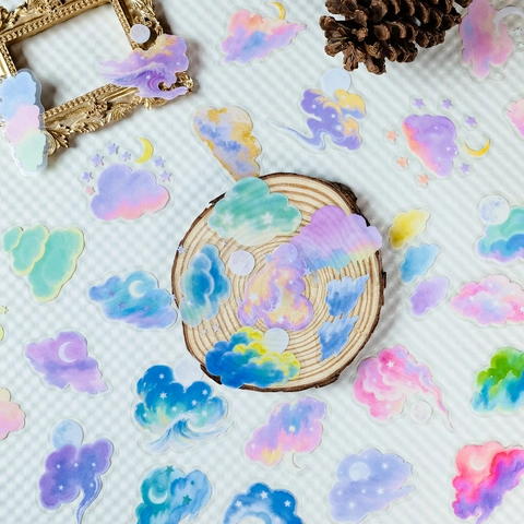 Adesivi in PET a Forma di Nuvola Colorata Acquerello Trasparenti Sognanti Luna Stella Impermeabili per Scrapbooking Fai-da-te