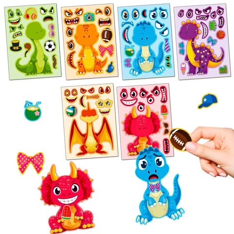 6 Sheets Dinosaur DIY Make A Face Stickers For Kids Creative Cartoon Dino Puzzle Sticker Party Favors Toddler Education Toys
