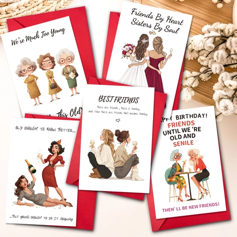 Set di Biglietti d'Auguri per Compleanno con Illustrazione Creativa e Busta Rossa Biglietto d'Amicizia Vintage per Donna