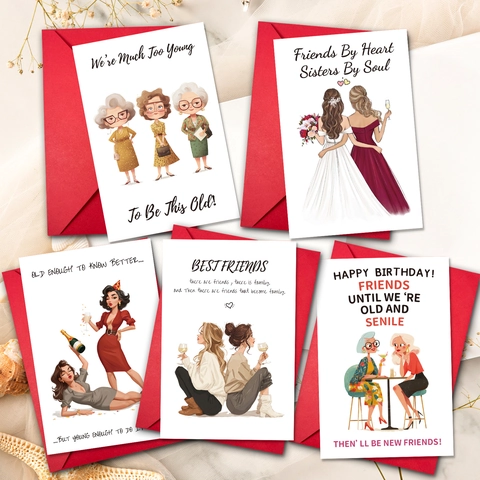 Set di Biglietti d'Auguri per Compleanno con Illustrazione Creativa e Busta Rossa Biglietto d'Amicizia Vintage per Donna