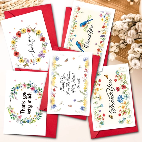 Biglietti di Ringraziamento Floreali Con Buste Rosse Acquerello Uccelli Farfalla Motivo Biglietti d'Auguri per Matrimonio Affari Regalo