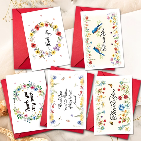 Biglietti di Ringraziamento Floreali Con Buste Rosse Acquerello Uccelli Farfalla Motivo Biglietti d'Auguri per Matrimonio Affari Regalo
